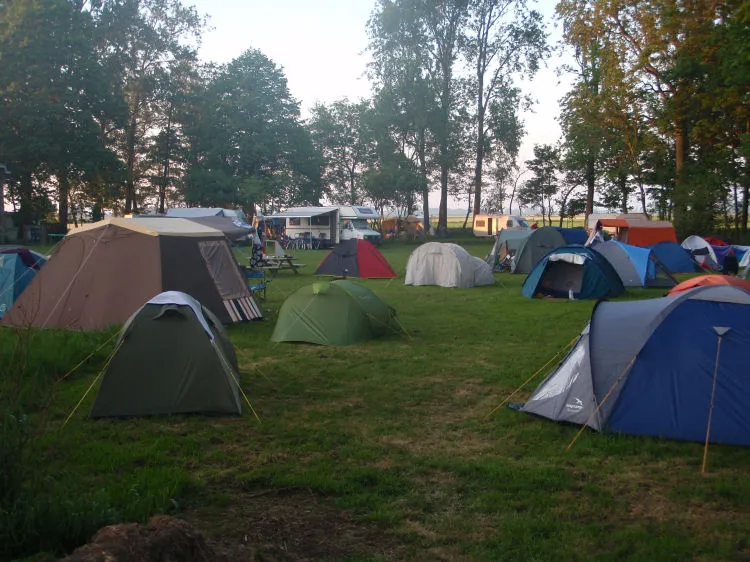 Overzicht van het kampeerveld met tenten en campers